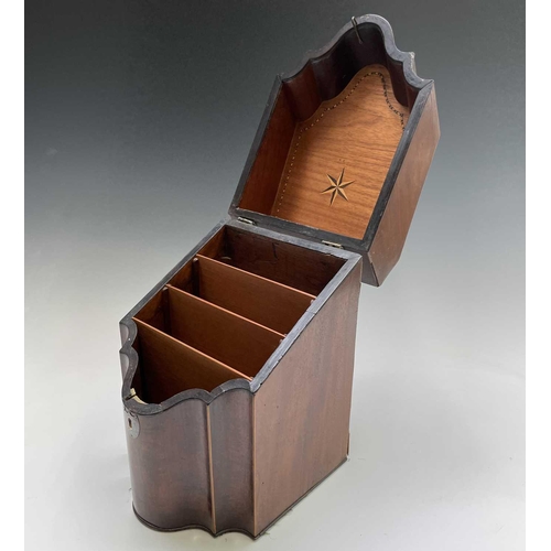 28 - A George III mahogany slope front knife box, with serpentine shaped front, the interior converted, h... 