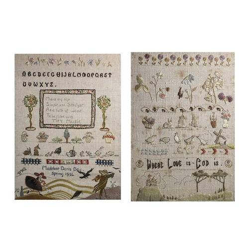 2805 - An early 20th century sampler, worked by Madeline Doris Day dated Spring 1924, embroidered with the ... 