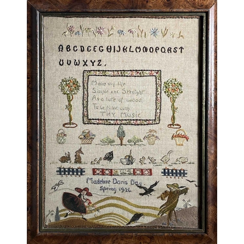 2805 - An early 20th century sampler, worked by Madeline Doris Day dated Spring 1924, embroidered with the ... 