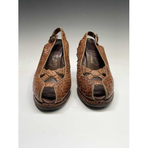 2808 - Two pairs of 1940’s ladies snakeskin (crocodile and python) heeled shoes.