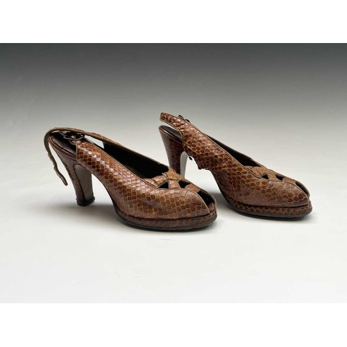 2808 - Two pairs of 1940’s ladies snakeskin (crocodile and python) heeled shoes.