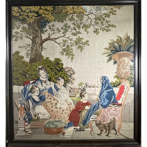 2809 - A Victorian Berlin woolwork embroidery, with a family group and a dog on the terrace of a large coun... 