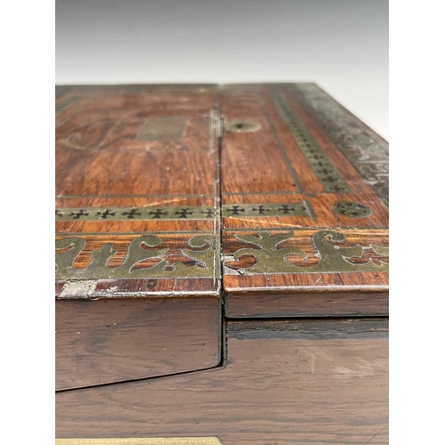 281 - A good quality early Victorian rosewood fold top writing box, with cut brass inlaid decoration, the ... 