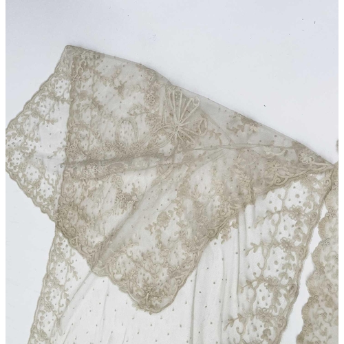 2814 - Two Edwardian heavily embroidered tulle shawls, possibly bridal, 233 x 25cm and 277 x 50cm.