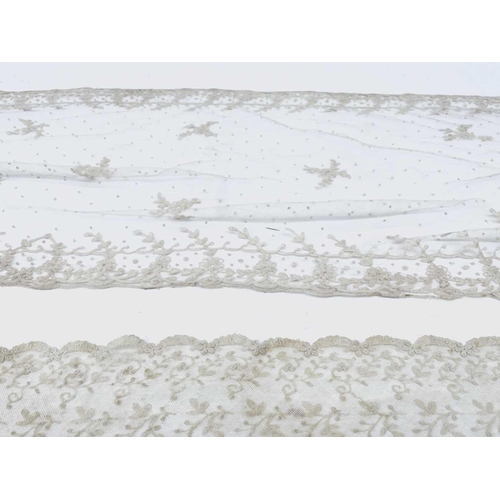 2814 - Two Edwardian heavily embroidered tulle shawls, possibly bridal, 233 x 25cm and 277 x 50cm.