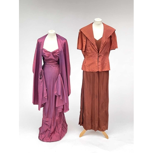 2815 - Two 1930’s evening gowns - a rust coloured taffeta dress with bolero bearing Bourne & Hollingsworth ... 