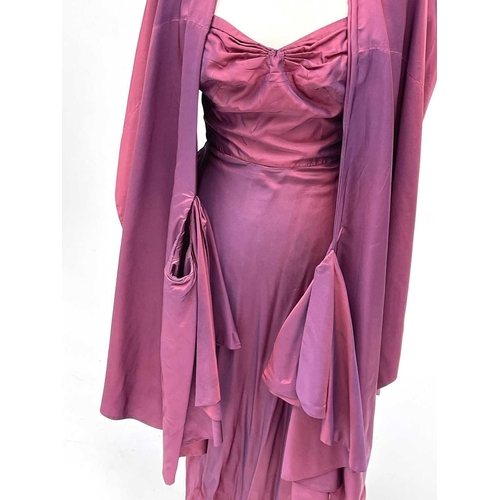 2815 - Two 1930’s evening gowns - a rust coloured taffeta dress with bolero bearing Bourne & Hollingsworth ... 