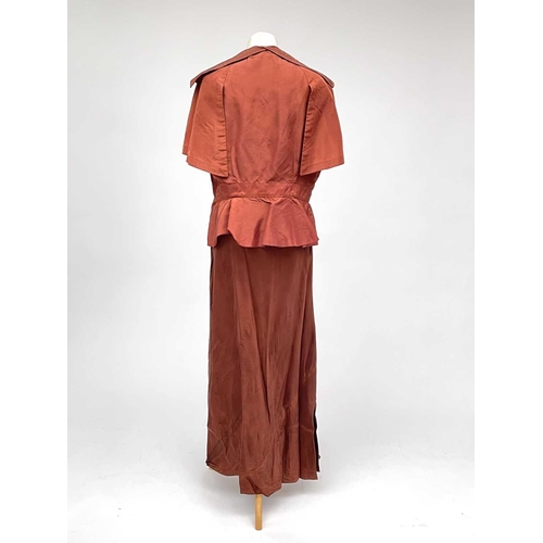 2815 - Two 1930’s evening gowns - a rust coloured taffeta dress with bolero bearing Bourne & Hollingsworth ... 