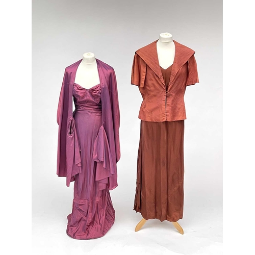 2815 - Two 1930’s evening gowns - a rust coloured taffeta dress with bolero bearing Bourne & Hollingsworth ... 