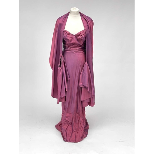 2815 - Two 1930’s evening gowns - a rust coloured taffeta dress with bolero bearing Bourne & Hollingsworth ... 