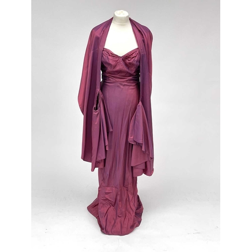 2815 - Two 1930’s evening gowns - a rust coloured taffeta dress with bolero bearing Bourne & Hollingsworth ... 