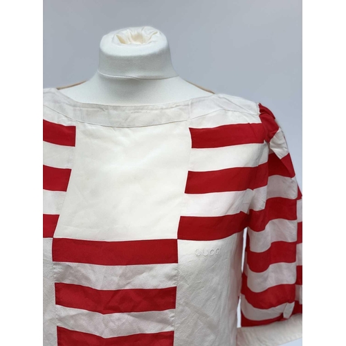 2816 - A 1970s Gucci red and white striped 100% silk blouse with embroidered logo, label size 38.