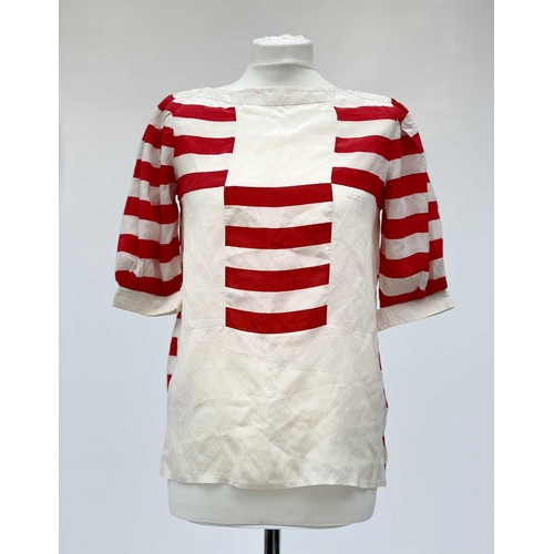 2816 - A 1970s Gucci red and white striped 100% silk blouse with embroidered logo, label size 38.