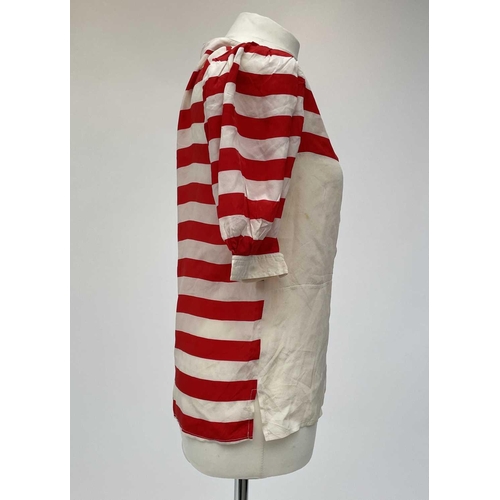 2816 - A 1970s Gucci red and white striped 100% silk blouse with embroidered logo, label size 38.