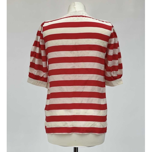 2816 - A 1970s Gucci red and white striped 100% silk blouse with embroidered logo, label size 38.