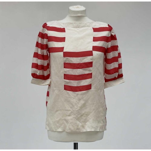 2816 - A 1970s Gucci red and white striped 100% silk blouse with embroidered logo, label size 38.