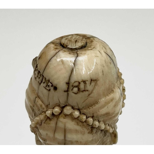 282 - A 19th century Dieppe ivory figure of a bearded man wearing a turban squatting, inscribed and dated ... 