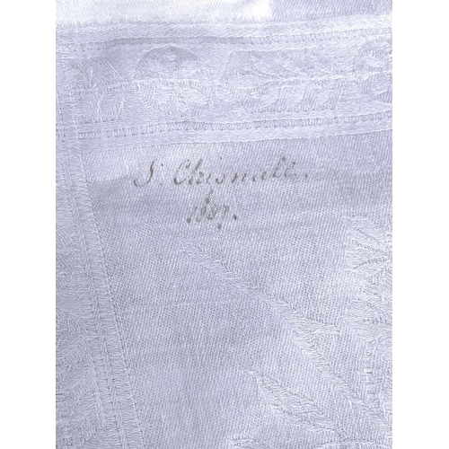 2842 - A 19th century damask banqueting tablecloth, inscribed 1887, 254 x 223cm approx.