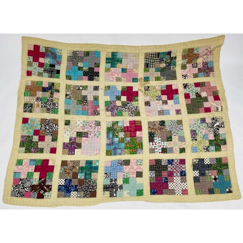 2855 - Patchwork quilts. One quilt with predominantly square and rectangular patches in multi coloured 1950... 