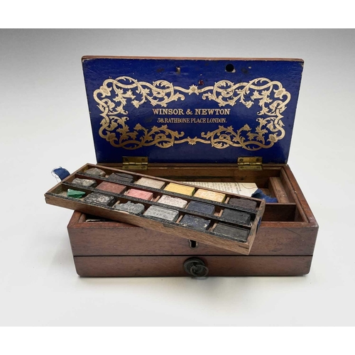 287 - A Winsor & Newton mahogany artists travel box, 19th century, with removable tray for watercolors and... 