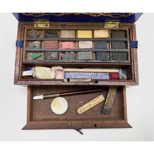 287 - A Winsor & Newton mahogany artists travel box, 19th century, with removable tray for watercolors and... 