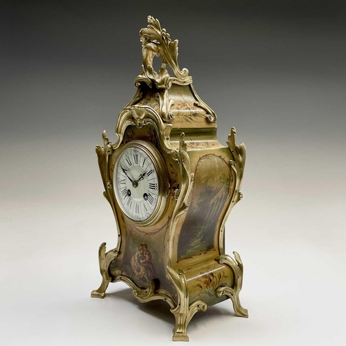 2904 - A French Vernis Martin style mantel clock, circa 1900, with floral and figural painted panels, ormol... 