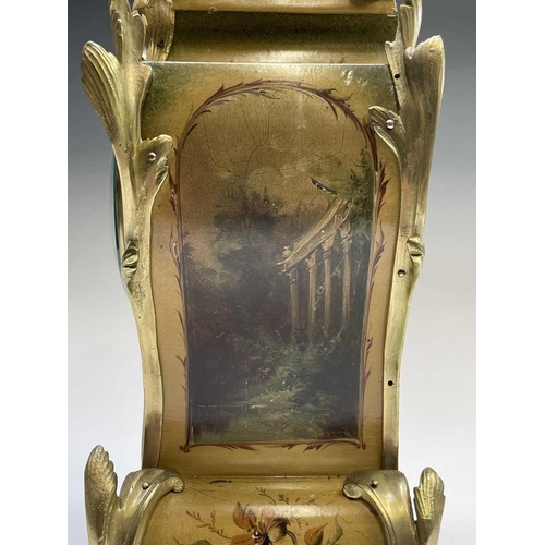 2904 - A French Vernis Martin style mantel clock, circa 1900, with floral and figural painted panels, ormol... 