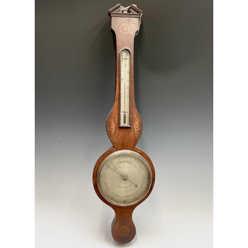 2914 - A 19th century mahogany and inlaid wheel barometer, by Bates & Son, Kettering, with silvered dial, h... 