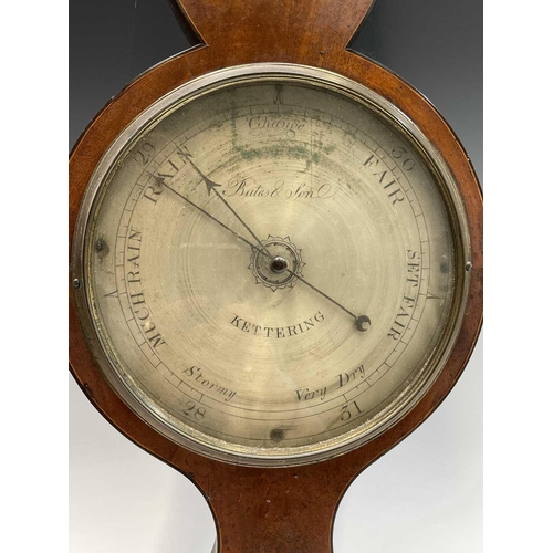 2914 - A 19th century mahogany and inlaid wheel barometer, by Bates & Son, Kettering, with silvered dial, h... 