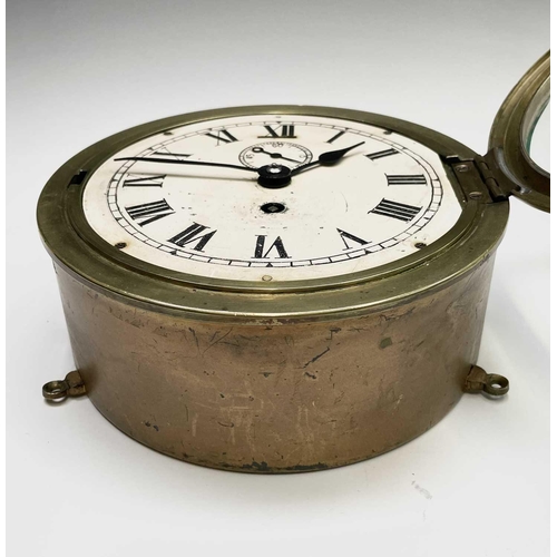 2916 - A brass cased ship's bulkhead wall clock, early 20th century, the painted dial with subsidiary secon... 