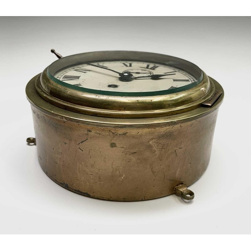 2916 - A brass cased ship's bulkhead wall clock, early 20th century, the painted dial with subsidiary secon... 