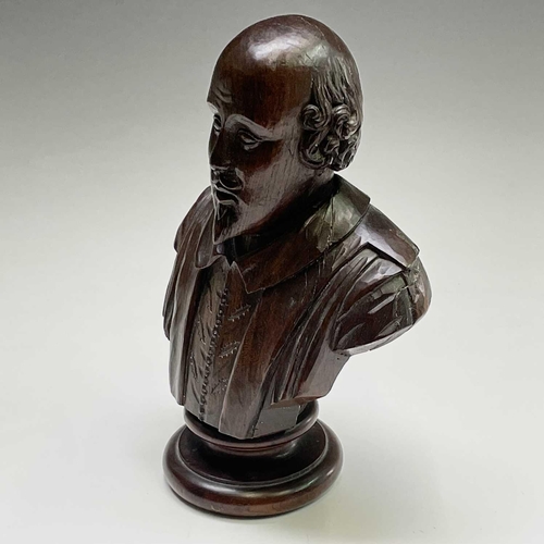 292 - A carved mulberry wood bust of Shakespeare, the reverse carved 'Mulberry wood from New Place Stratfo... 