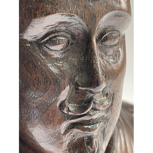 292 - A carved mulberry wood bust of Shakespeare, the reverse carved 'Mulberry wood from New Place Stratfo... 