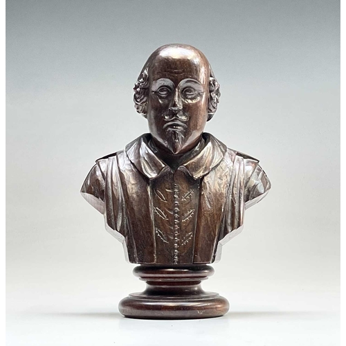 292 - A carved mulberry wood bust of Shakespeare, the reverse carved 'Mulberry wood from New Place Stratfo... 