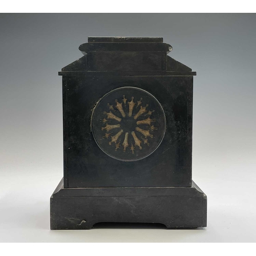 2923 - A 19th century black slate mantel clock of architectural form, with relief moulded spelter tablet an... 