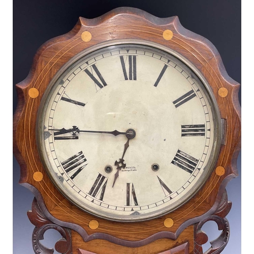 2925 - A Victorian walnut and inlaid drop-dial eight day wall clock, the painted dial signed Parker, Hockle... 