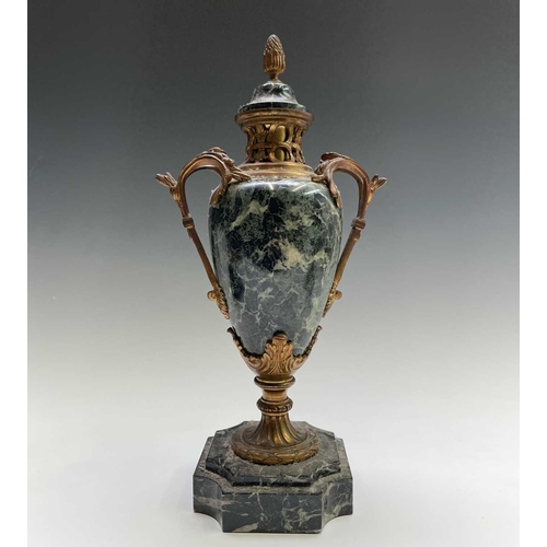 293 - A pair of French ormolu mounted green marble urns and covers, in the Louis XV style, circa 1900, the... 