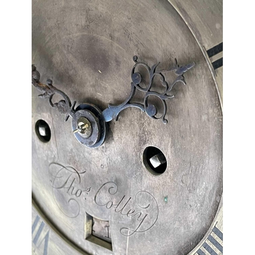 2931 - A mid 18th century ebonised bracket clock, the arched dial signed Thos Colley, with twin fusee movem... 