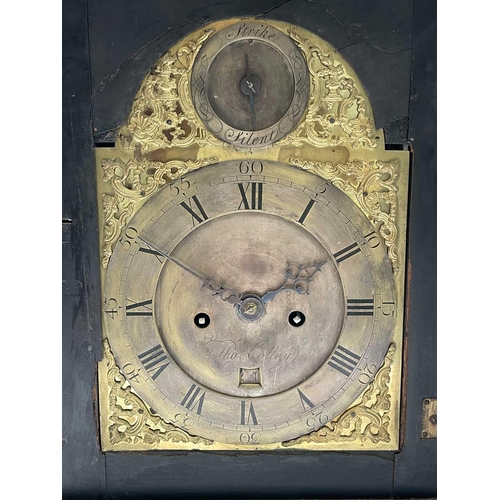 2931 - A mid 18th century ebonised bracket clock, the arched dial signed Thos Colley, with twin fusee movem... 