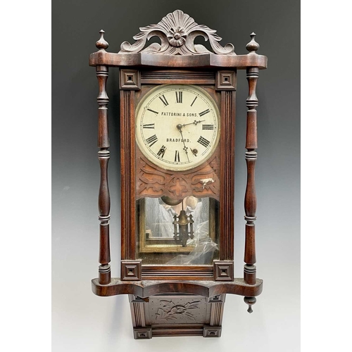 2932 - A Fattorini & Sons walnut wall clock, with white painted dial and turned column side supports, heigh... 