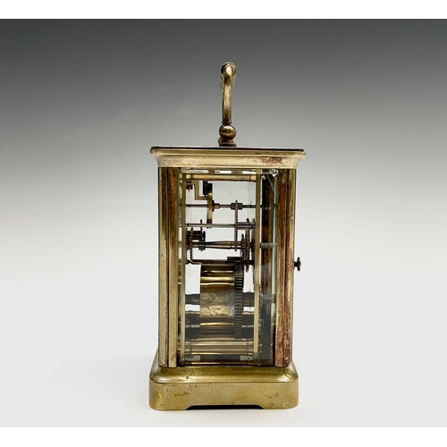 2934 - A French brass cased carriage timepiece, with white enamel dial, height 15cm.