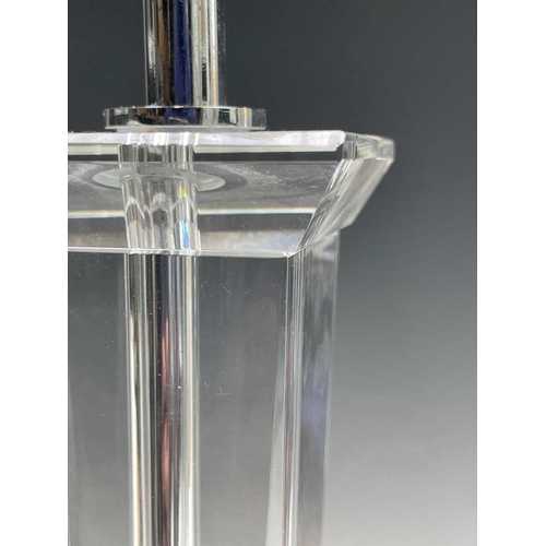 299 - A pair of clear glass table lamps, modern, with inverted tapered stems and stepped bases, height 42.... 