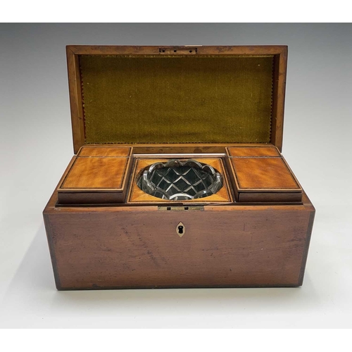 30 - A George III satinwood and rosewood banded tea caddy, fitted with two lidded compartments and a repl... 