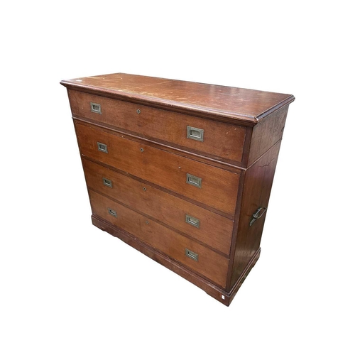 3011 - A mahogany campaign chest, 19th century, with a single long drawer, the lower part with three long d... 