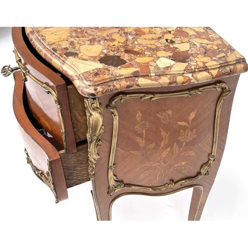 3038 - A French Louis XV style kingwood and marquetry small two drawer commode, circa 1900, with ormolu mou... 