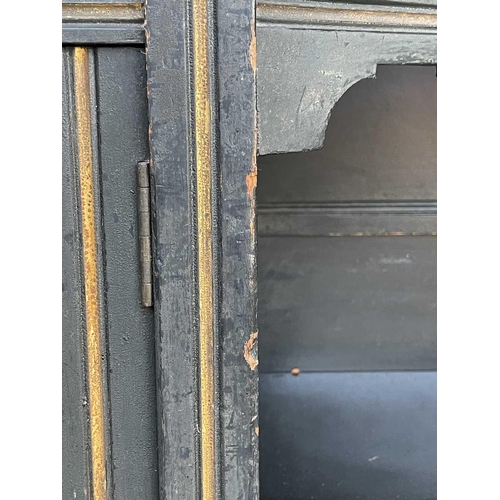 3044 - A Victorian ebonised Aesthetic movement display cabinet, with raised mirror back set burr wood panel... 