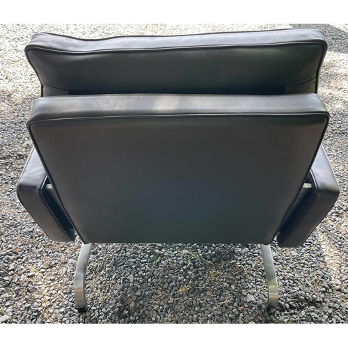 3047 - A contemporary stainless steel and leather upholstered armchair, height 77cm, width 81cm, depth 79cm... 