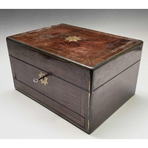 305 - A Victorian rosewood and brass inlaid vanity box, with partially fitted interior, width 32cm. Proven... 