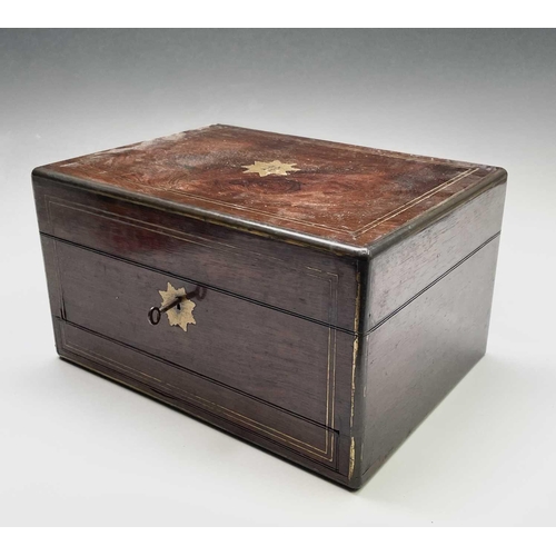 305 - A Victorian rosewood and brass inlaid vanity box, with partially fitted interior, width 32cm. Proven... 