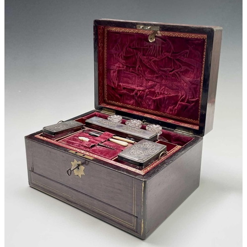 305 - A Victorian rosewood and brass inlaid vanity box, with partially fitted interior, width 32cm. Proven... 